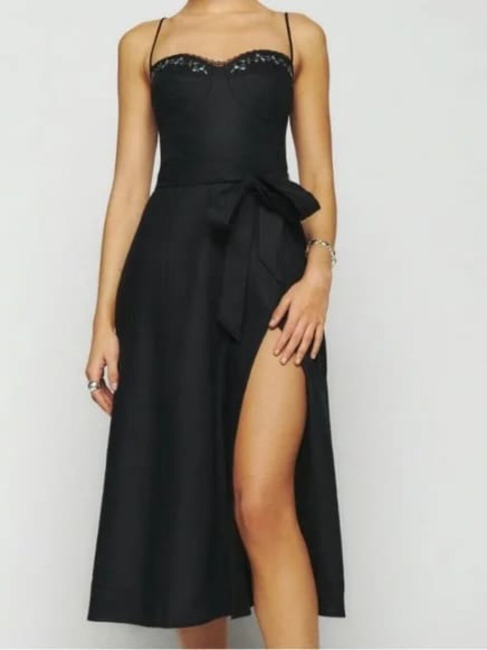 Reformation Kieryn Linen Midi Dress Black Floral Embroidered 4 NO BELT